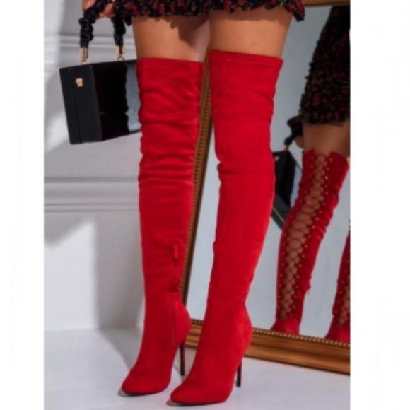NEW !! Stretchy Over the Knee Lace Up Boots in Red - Picture 2 of 10